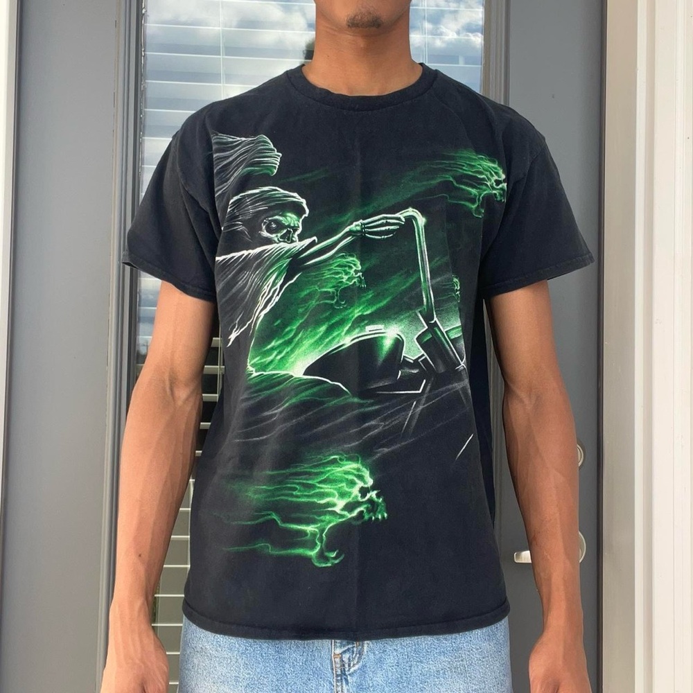 Vintage Y2K Style Grim Reaper on Bike Tee